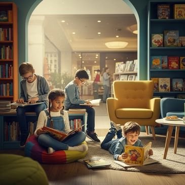 Crianças lendo livros na sala de leitura no Shopping